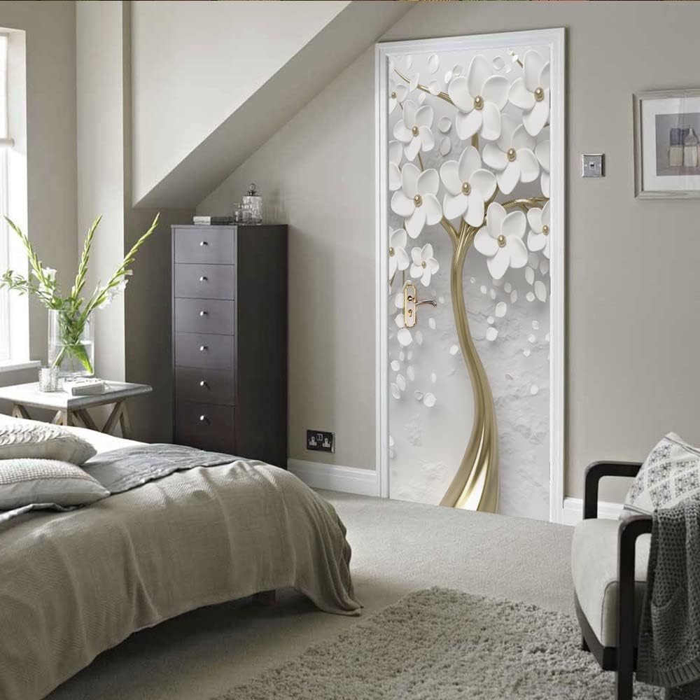 Trompe l'oeil stickers 38.5*200cm White flowers 3D Door Stickers Door Poster Hallway 3D Door Wallpaper Trompe l'oeil