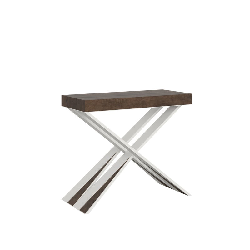 Mesa consola pequeña Diago de nogal con estructura blanca, extensible hasta 196 cm.