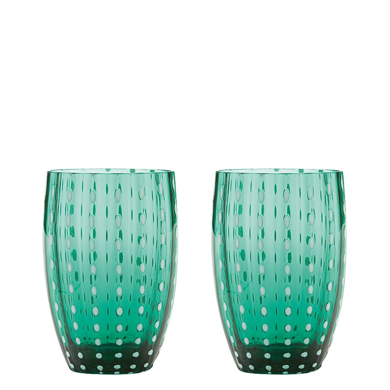 Zafferano Perle Green Glass - szkło kolorowe dmuchane ustami, 32 cl, ręcznie robione - zestaw 2 kieliszków rzemieślniczych do wody lub koktajli