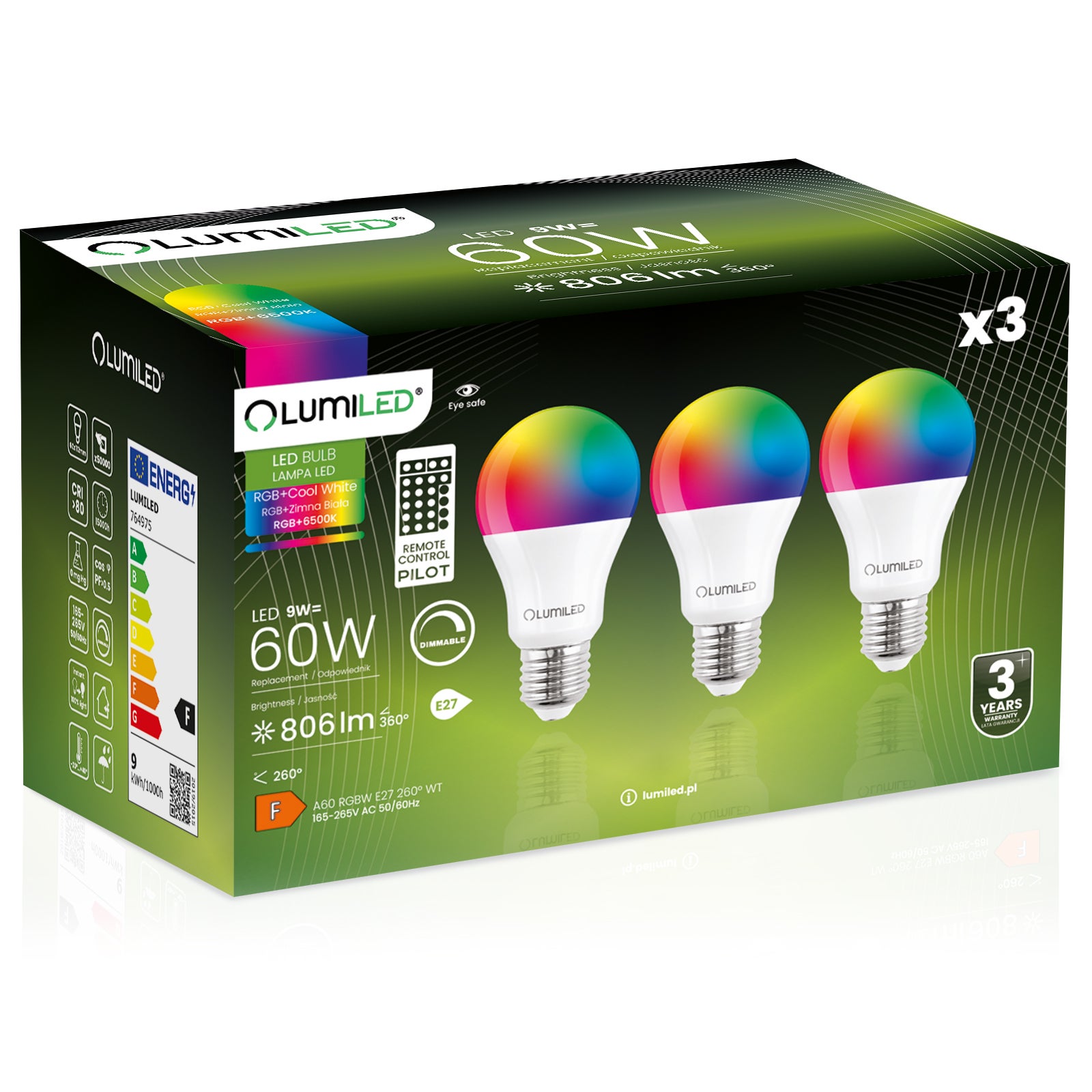 Żarówka LED Lumiled E27 A60 9W 806lm 6500K Zimna biel + RGB Wielokolorowa 260st Ściemnialna z Pilotem 3 szt.