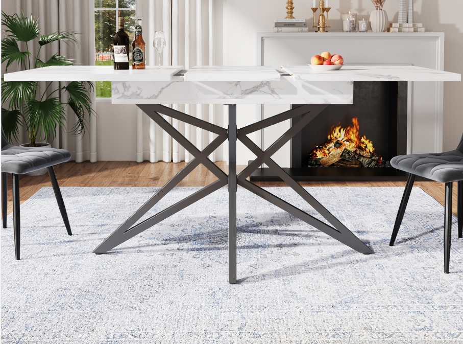 Rozkładany stół jadalny 120-160x80 cm z czarnymi metalowymi nogami w kształcie gwiazdy, solidnym blatem z płyty MDF i nowoczesnym wzornictwem