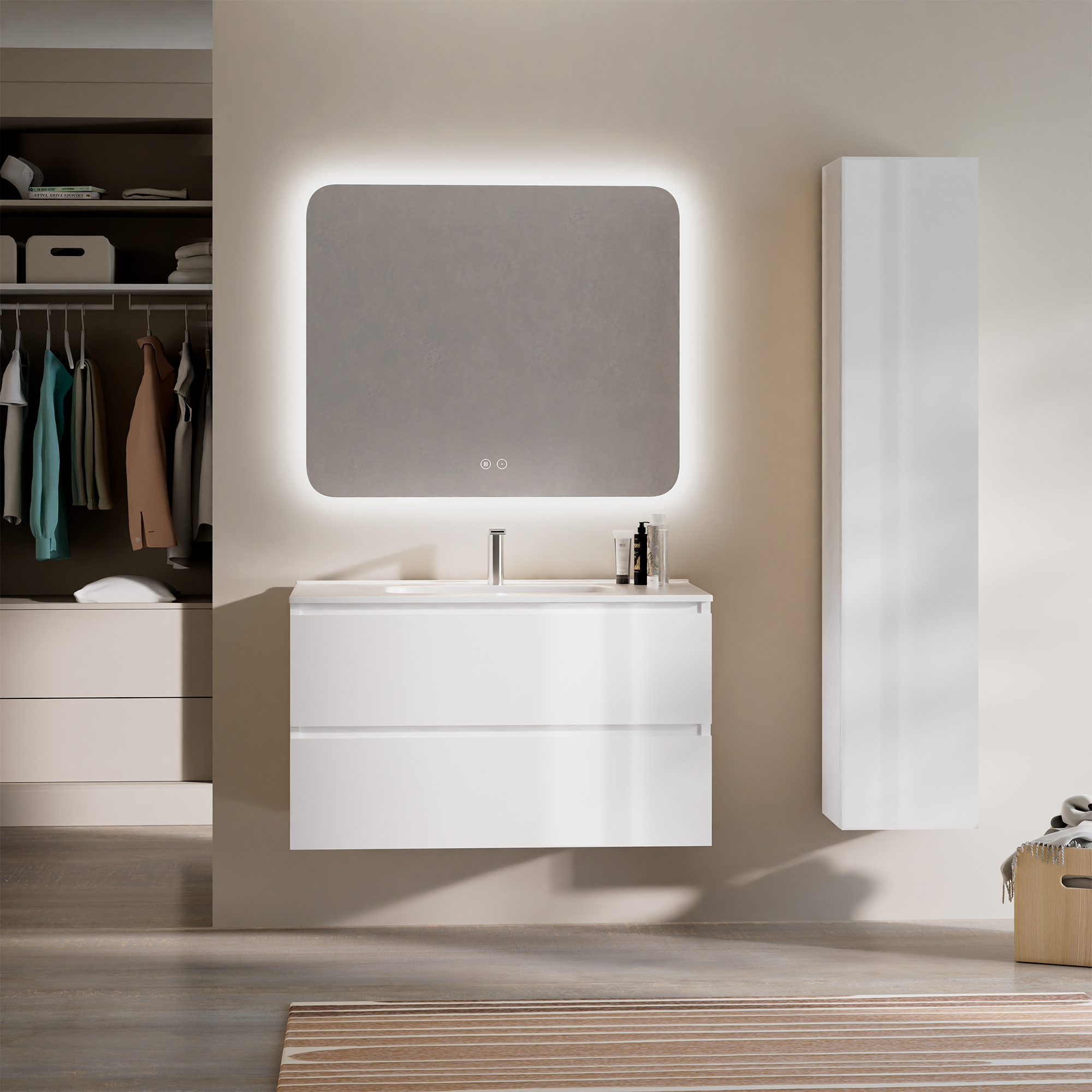 Feel Your Bath Zestaw mebli łazienkowych PANTER 100 cm, biały połysk, 2 szuflady, biała umywalka ceramiczna, prostokątne lustro LED przeciwmgielne