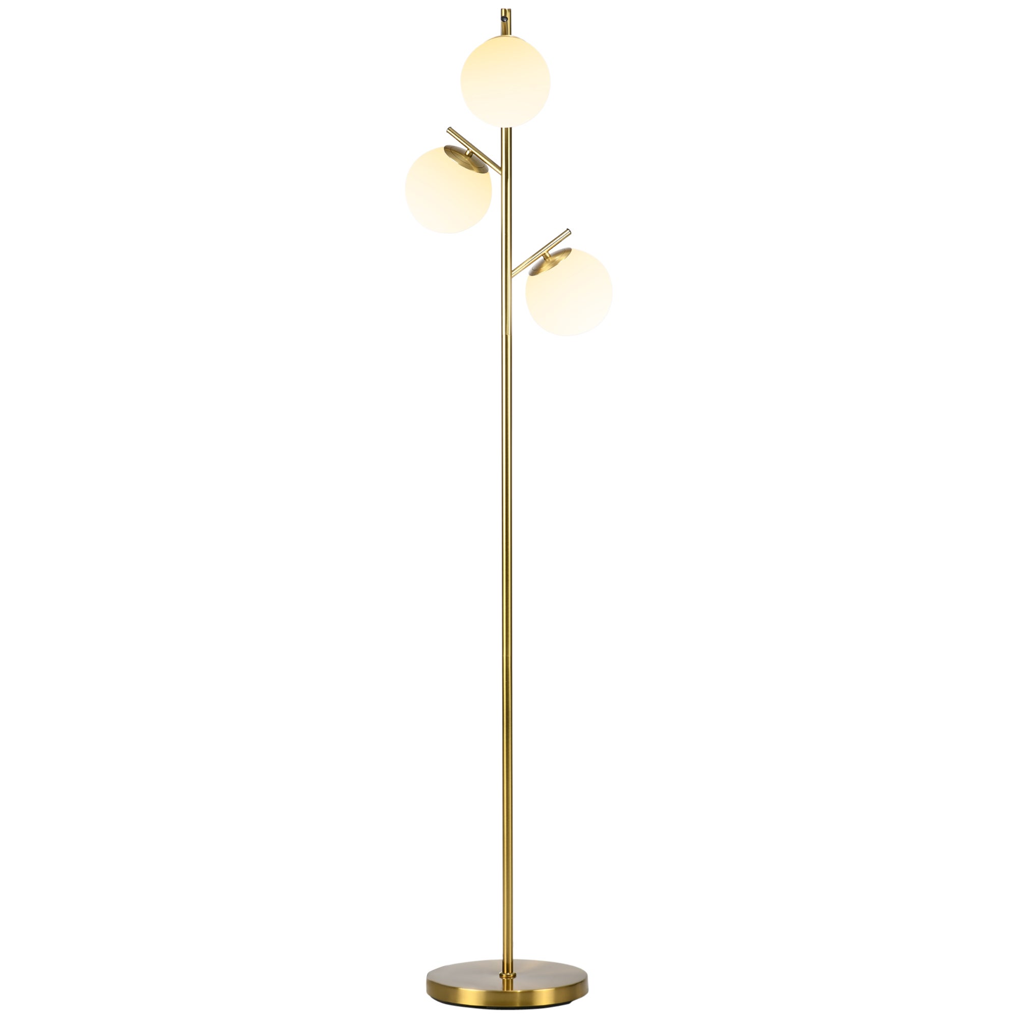 Metalowa lampa podłogowa do salonu z 3 białymi kloszami w kształcie kuli z matowego szkła, 40 W, Ø 27 x 169 wys. cm, wykończenie w kolorze złotym