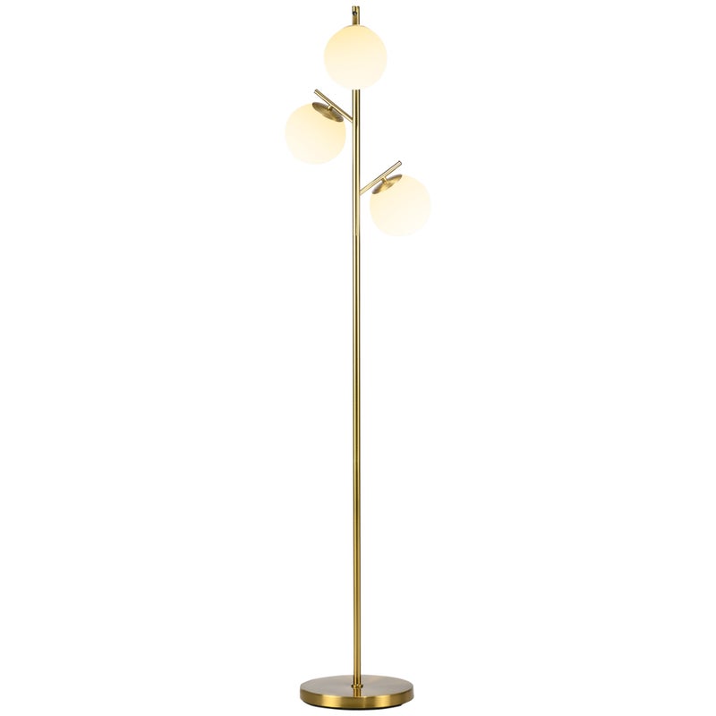 Metalowa lampa podłogowa do salonu z 3 białymi kloszami w kształcie kuli z matowego szkła, 40 W, Ø 27 x 169 wys. cm, wykończenie w kolorze złotym