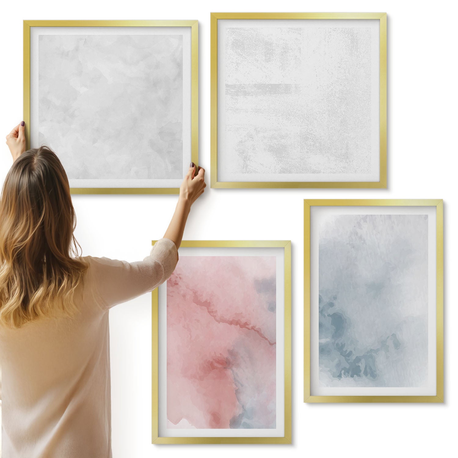 Galeria ścienna 4-częściowy komplet obrazów w złotych ramach - Pastelowe akwarele na płótnie kolorowe tekstury - ArtPrintCave