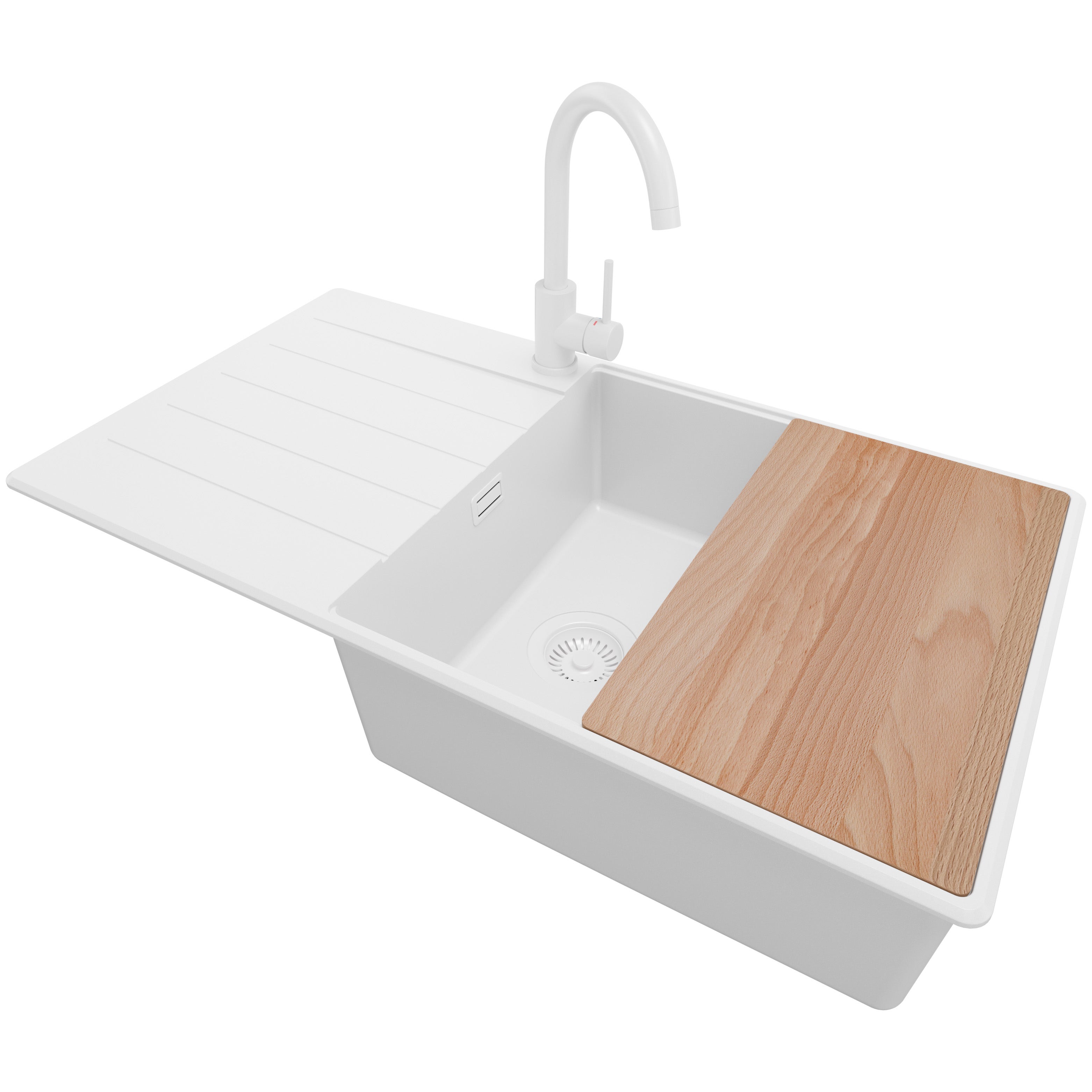 Zlewozmywak Granitowy Cały Biały 90x50cm, Zlew Kuchenny 1 Komorowy + Syfon + Akcesoria, Nablatowy do szafki od 60cm - Kopenhaga PRIMAGRAN