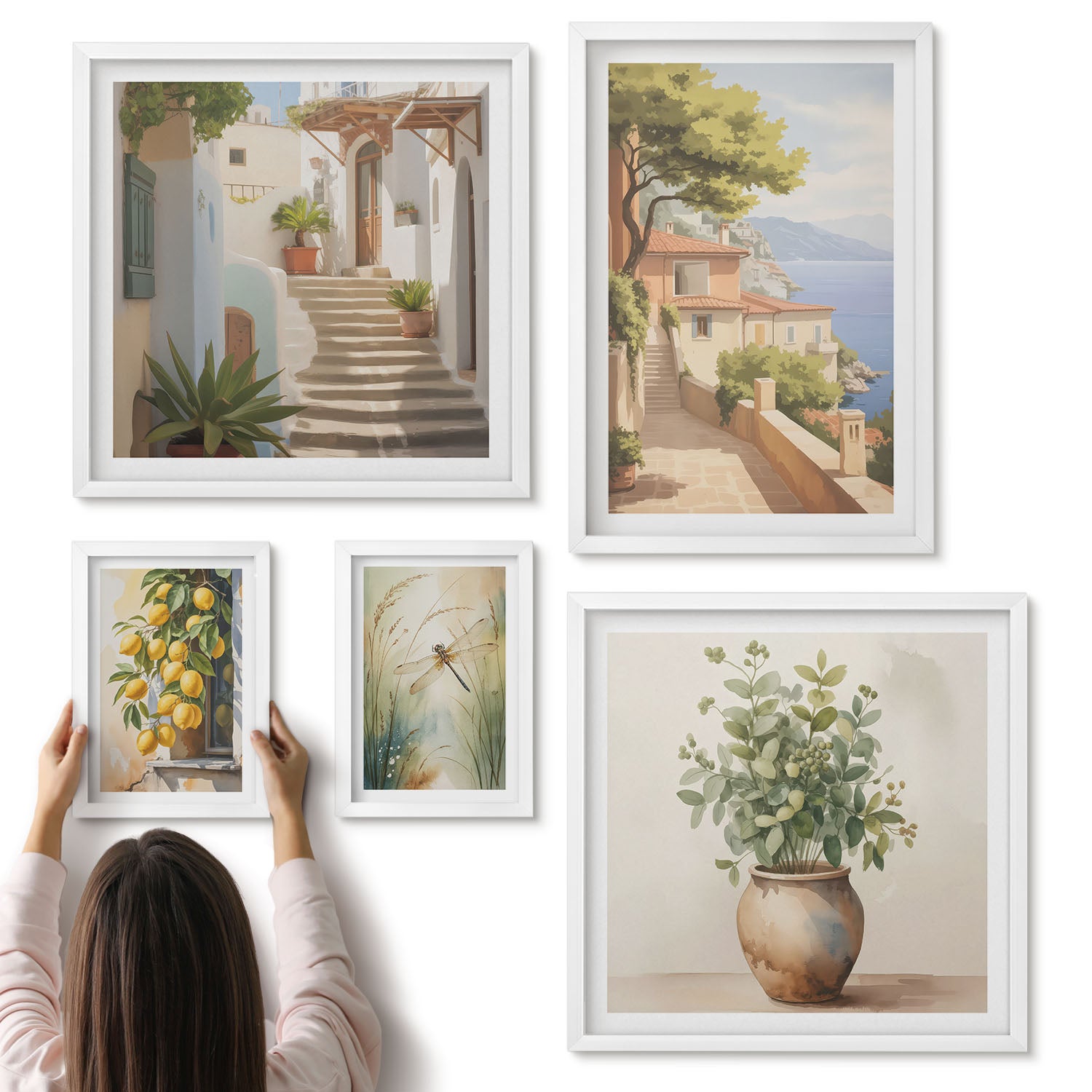 Galeria ścienna 5-częściowy komplet obrazów w białych ramach - Stylowe widoki na nadmorskie miasteczka i roślinność - ArtPrintCave
