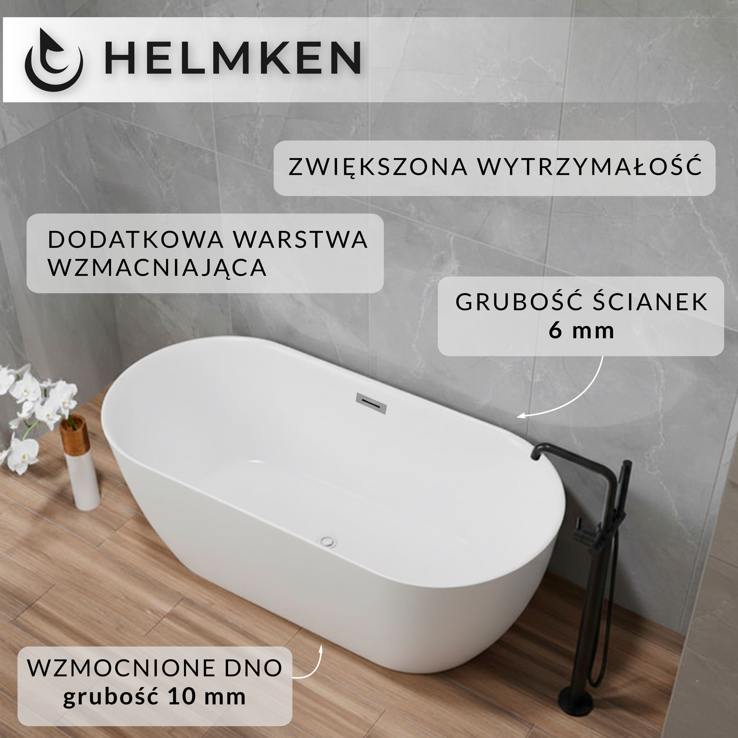 Wanna wolnostojąca akrylowa Helmken Cove 160 x 75 + Nóżki + Syfon / 31560160