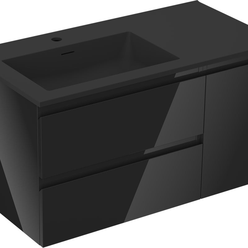 Mexen Orio szafka łazienkowa 90 cm z umywalką Otis lewą, 2S, 1D, czarna połysk/czarna mat - 91A13-09047-3-BBFFF70-W18L71