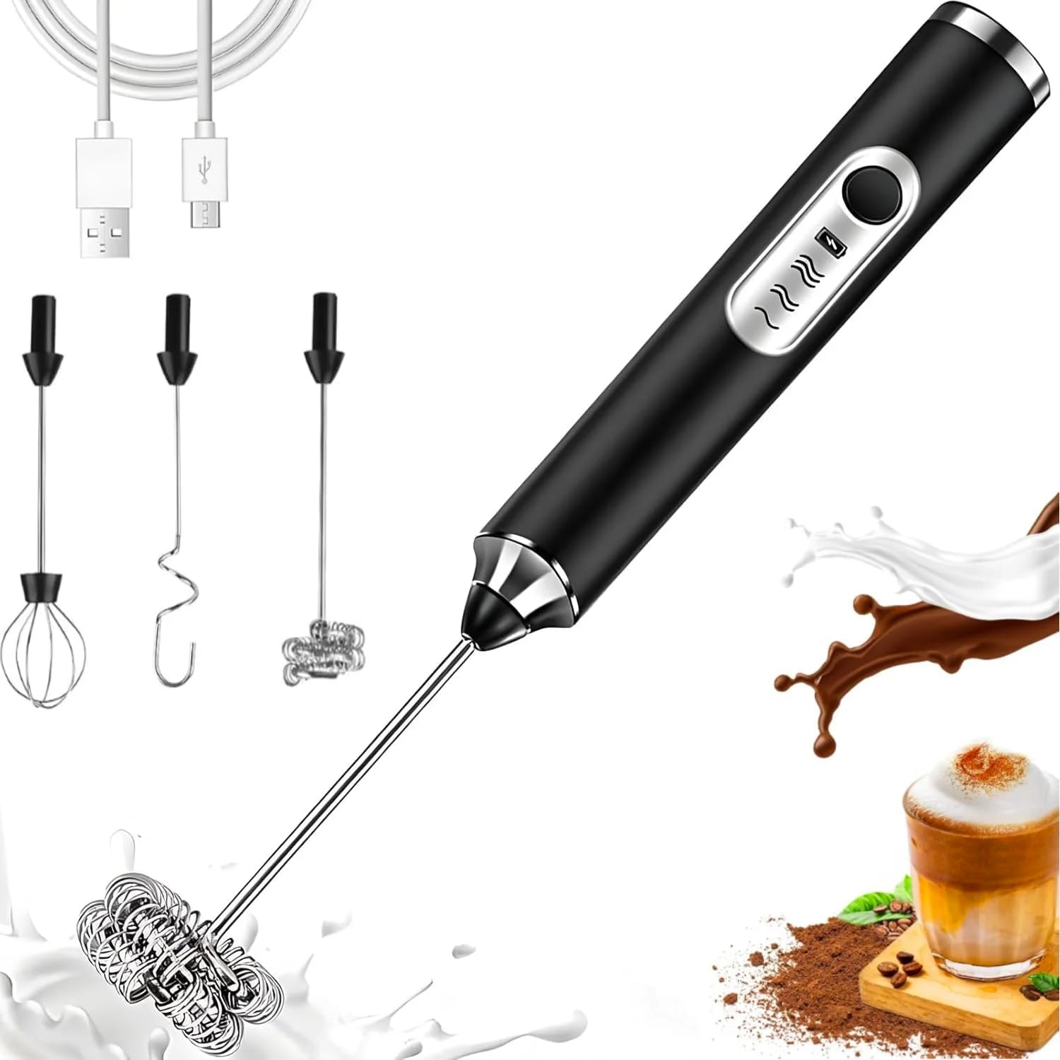 Elektryczny ręczny spieniacz do mleka, spieniacz do mleka ładowany przez USB, mini mikser z 3 trzepaczkami, 3 ustawieniami prędkości