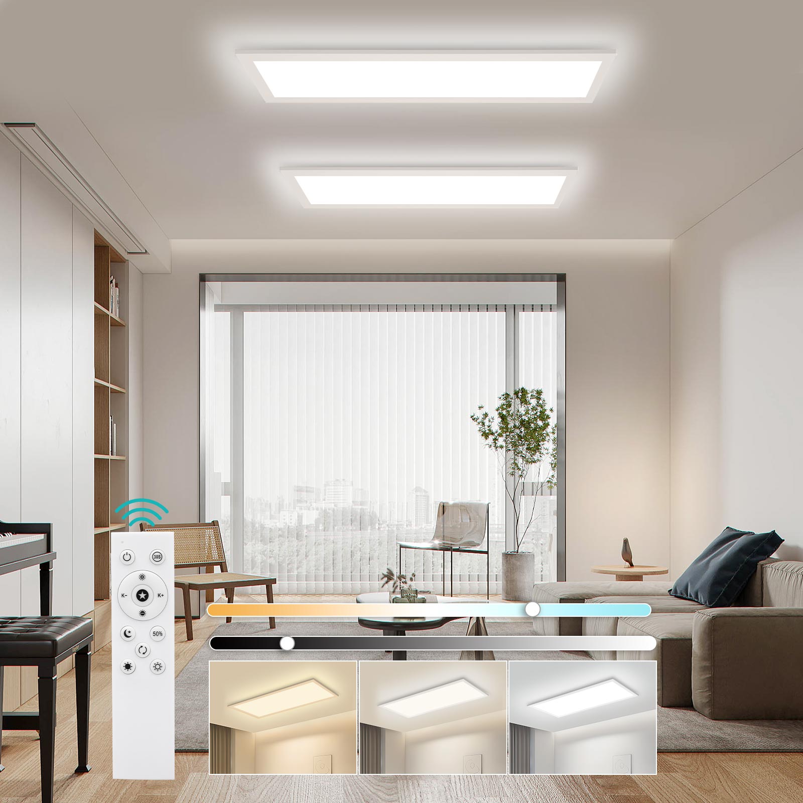 LOVHAUS Zestaw 2 Lampa LED 24W do Salonu z Pilotem 2400LM, Panel LED do Salonu ściemnialny 3000K-6500K, Plafon LED 58x20CM do Salonu z Lampką Nocną