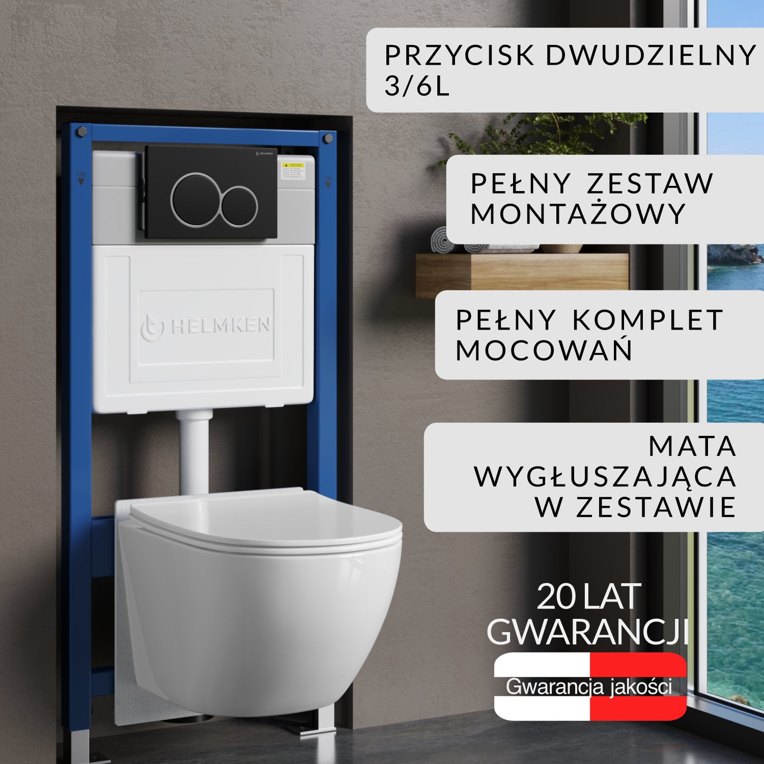 Zestaw podtynkowy WC Helmken 5w1: Stelaż, Czarny Mat Przycisk, Miska bezkołnierzowa Rimless 35103001 (Biała), Deska wolnoopadająca, Mata
