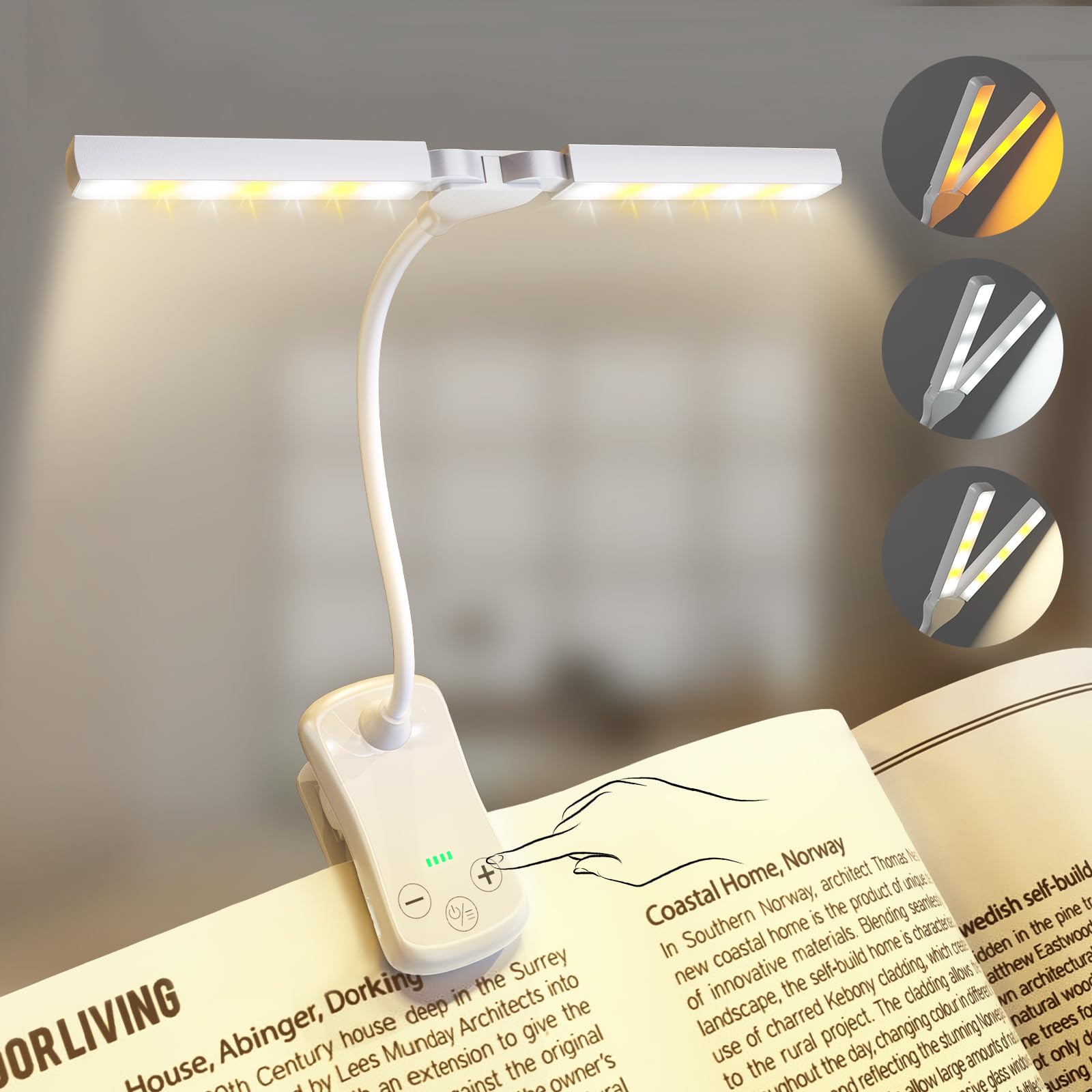 Lampa do czytania, 14 diod LED sterowanych dotykiem z 3 kolorami i 8 poziomami jasności, ładowalna lampa do czytania, przenośne lampki do czytania ksi