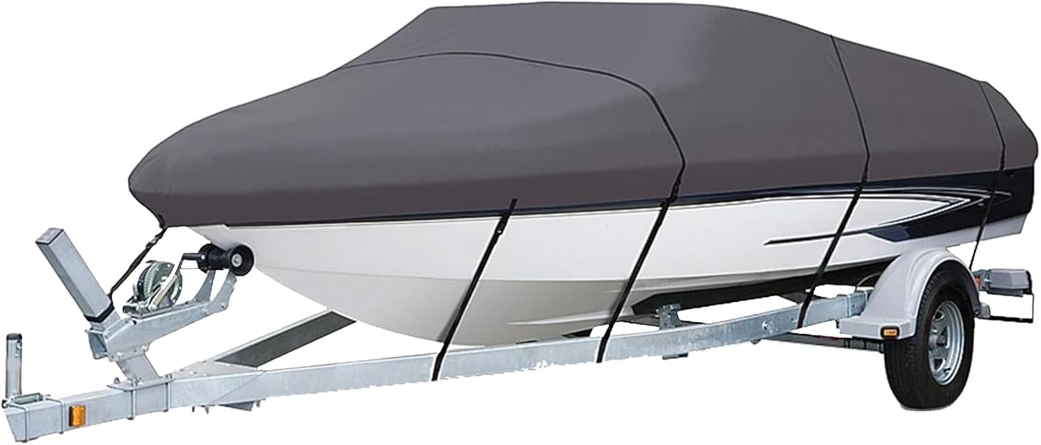 Wytrzymały, wodoodporny pokrowiec na łódź Oxford 420D, odporny na rozdarcia, regulowany, na jacht, łódź wędkarską lub skiboat (szary, 20-22 stopy)