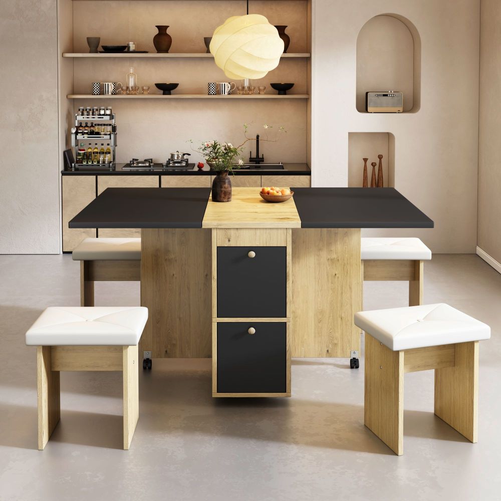Wielofunkcyjny zestaw obiadowy z rozkładanym stołem (120x80x75cm) i 4 krzesłami, konstrukcja składana, kolor biały + dąb