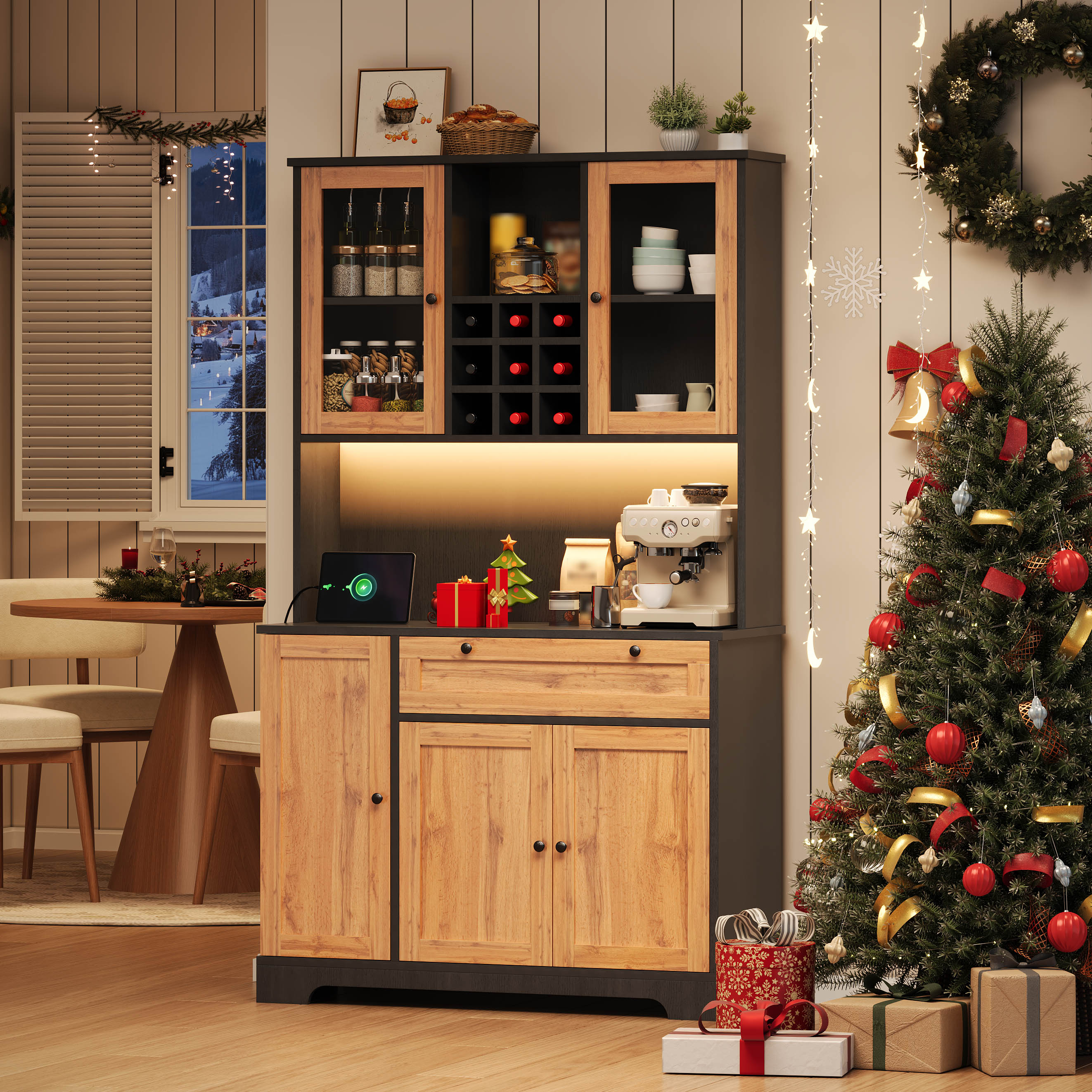 Kredens kuchenny z 5 drzwiami, 1 szufladą i regałem na wino - 105 x 40 x 180 cm - MDF - diody LED i porty ładowania - naturalny + czarny