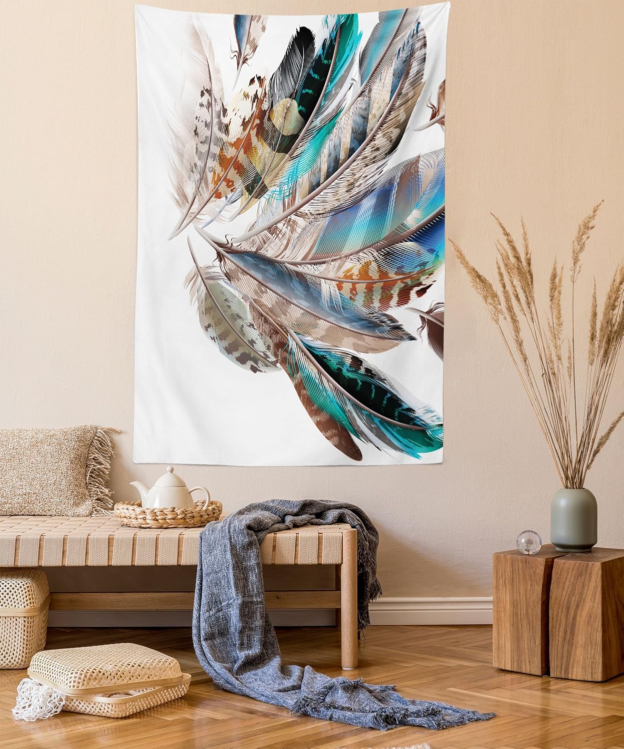 Gobelin z piór, rodzaje piór i kontur natalny, pióra ptaków i elementy skóry zwierzęcej, salon, sypialnia, 152x203 cm, brązowozielony