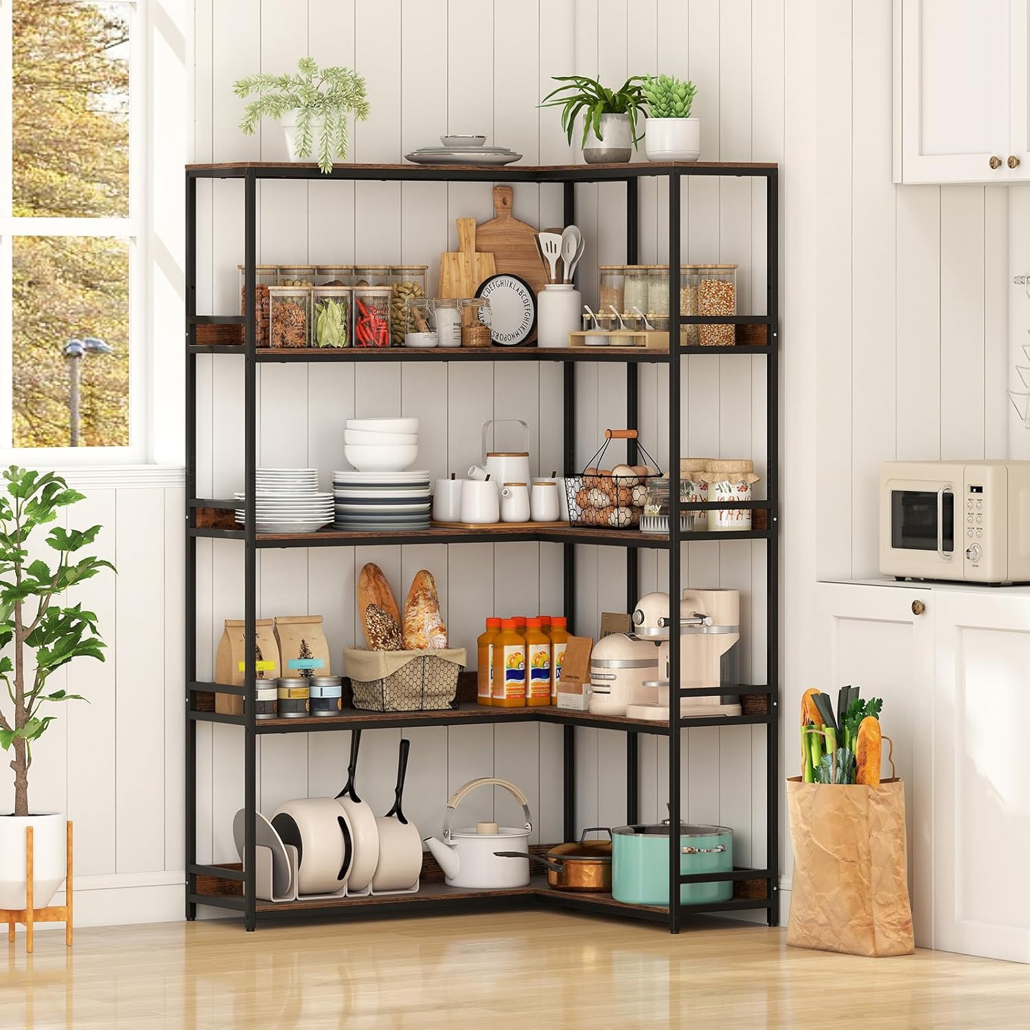 5-poziomowa biblioteczka narożna w kształcie litery L, półka 110 x 89 x 180 cm z metalową ramą, styl industrialny, do salonu, biura, brązowa