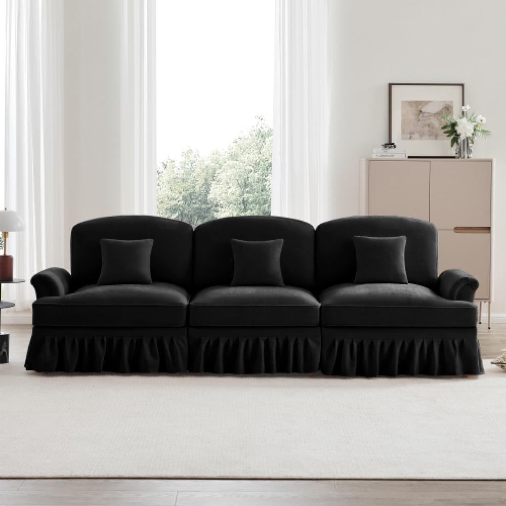 3-osobowa sofa z aksamitu w stylu mid-century, zdejmowany pokrowiec z falbanką, podłokietniki w kształcie lejka oraz zwężane nóżki