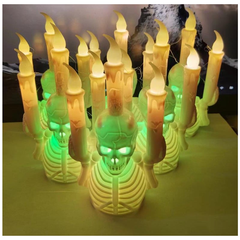 12 bezpłomieniowych świeczek w kształcie czaszki, świeczki LED, nawiedzone świeczniki, idealne do dekoracji domu na Halloween.