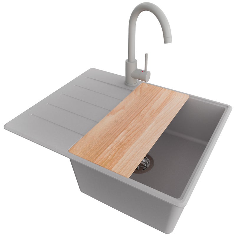 Zlewozmywak Granitowy Szary 62x50cm, Zlew Kuchenny 1 Komorowy + Bateria 32x20cm + Syfon + Deska, Nablatowy do szafki od 45cm - Kopenhaga PRIMAGRAN