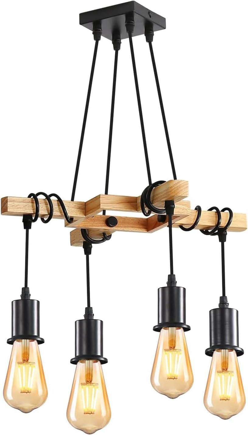 Lampa wisząca w stylu industrialnym, żyrandol z drewna z gniazdem E27, regulowana wysokość, odpowiednia do salonu, kuchni, sypialni, 4 żarówki nie są