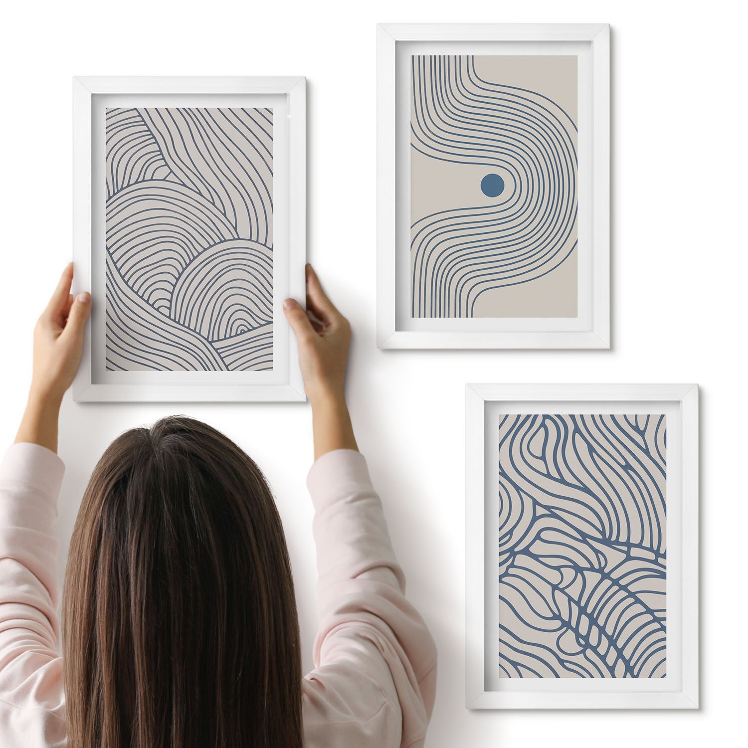 Galeria ścienna 3-częściowy komplet obrazów w białych ramach - Abstrakcyjne linie dekoracyjne kształty fal - ArtPrintCave