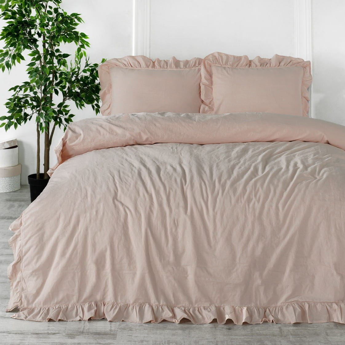 Pościel bawełniana z falbanką 220x200 Stonewashed Exclusive, Camello Roses, różowa - Limasso