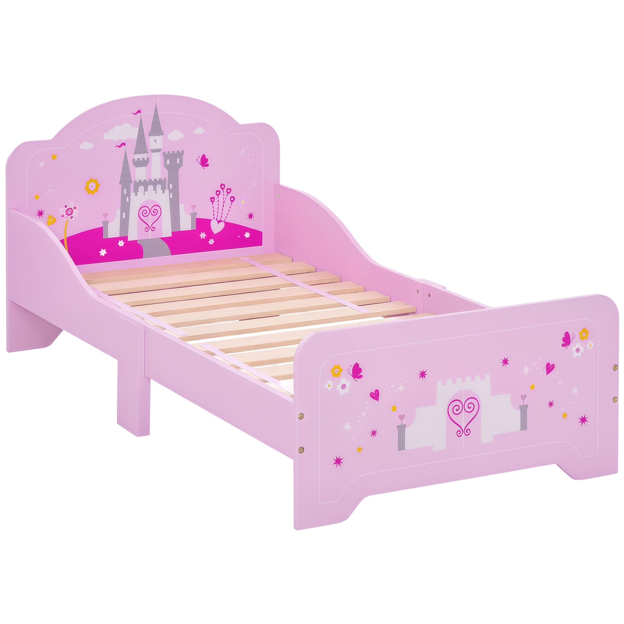 Łóżko drewniane dla dzieci od 3 lat, z barierkami, udźwig 50 kg, wymiary 143x73x60 cm, kolor różowy