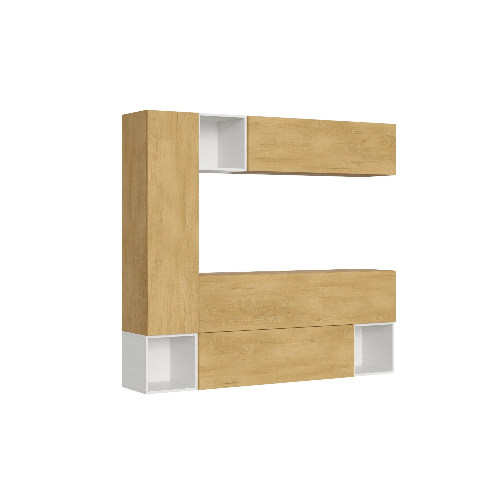 Mueble modular de pared Isoka A26 (Ancho: 214, Alto: 194, Profundidad: 39,5), color roble y blanco, moderno y espacioso.