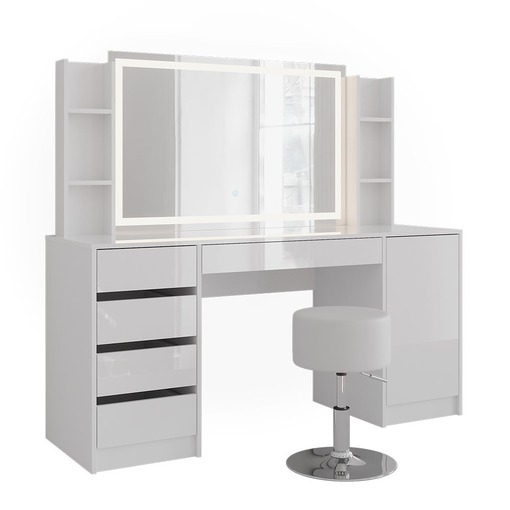 Vicco Stół do toalety Sherry, Biały/Biały wysoki połysk, 158.2 cm z lustrem LED i stołkiem