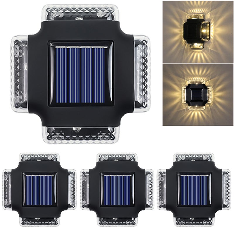 Zestaw 4 zewnętrznych lamp solarnych, ścienne lampy solarne od zmierzchu do świtu, wodoodporne lampy ogrodowe IP65, ciepłe światło