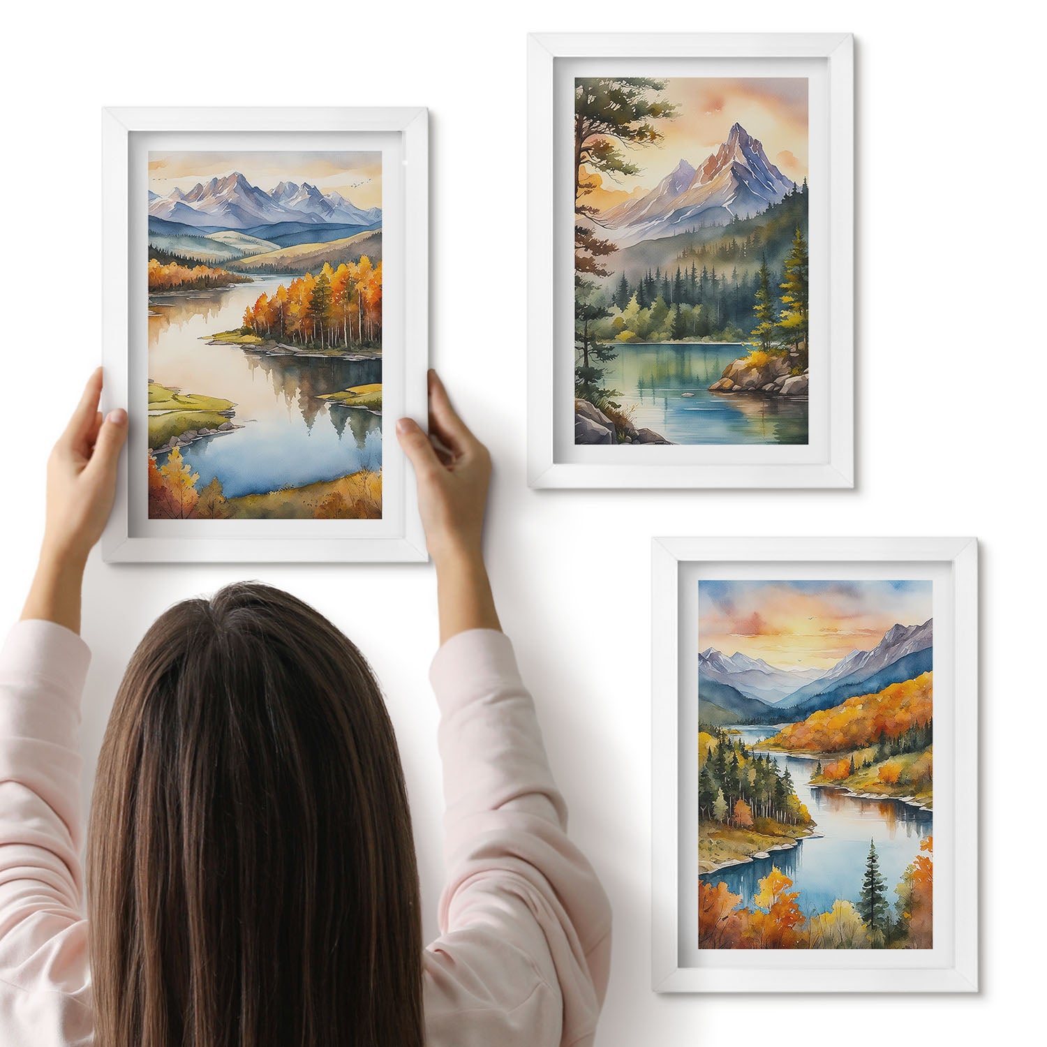 Galeria ścienna 3-częściowy komplet obrazów w białych ramach - Pejzaże górskie z rzeką i kolorowymi drzewami - ArtPrintCave
