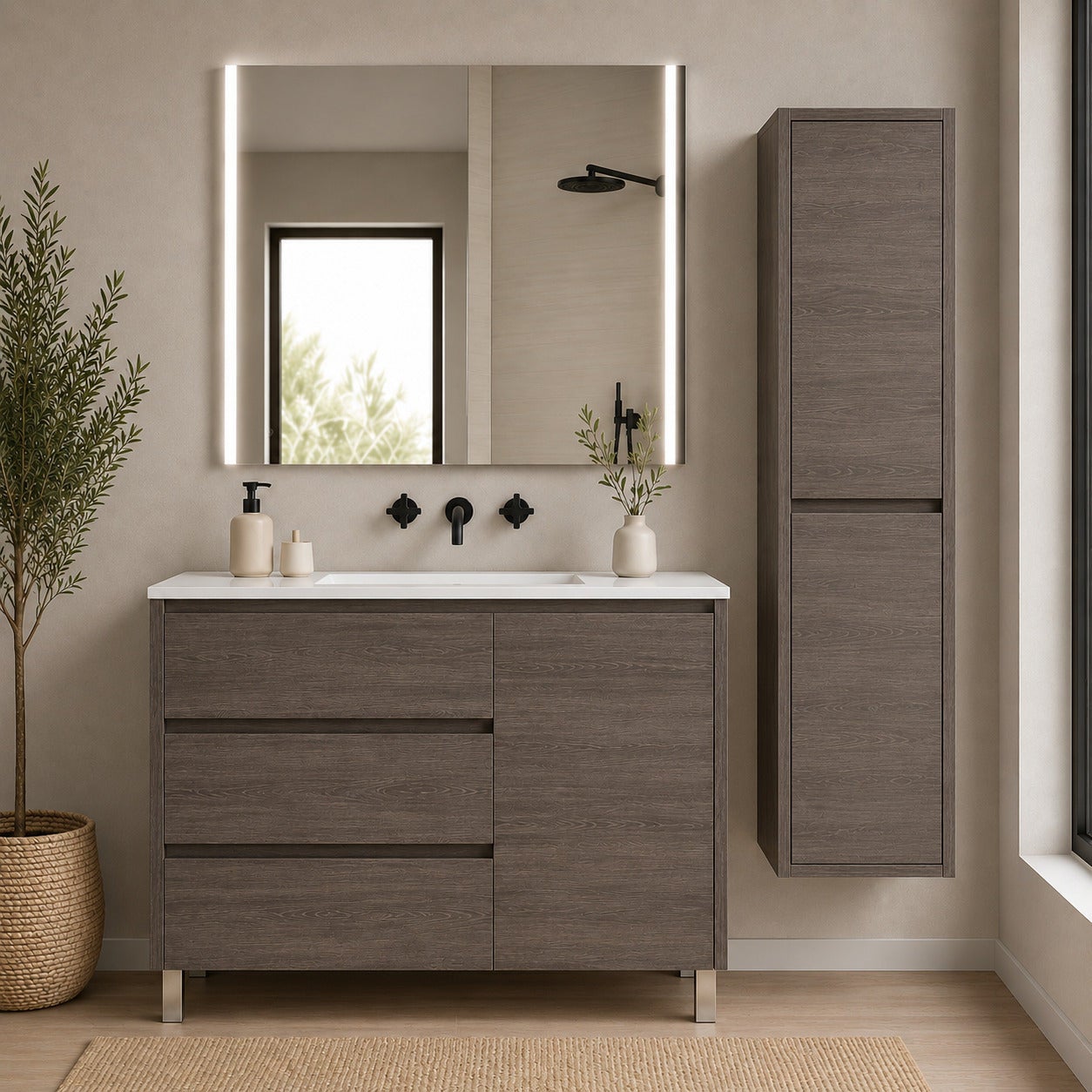 Szafka łazienkowa z 3 szufladami, drzwiami i umywalką ORIGENBATH VOLUM bez lustra 120x45 cm 1 umywalka dąb smoky z kolumną