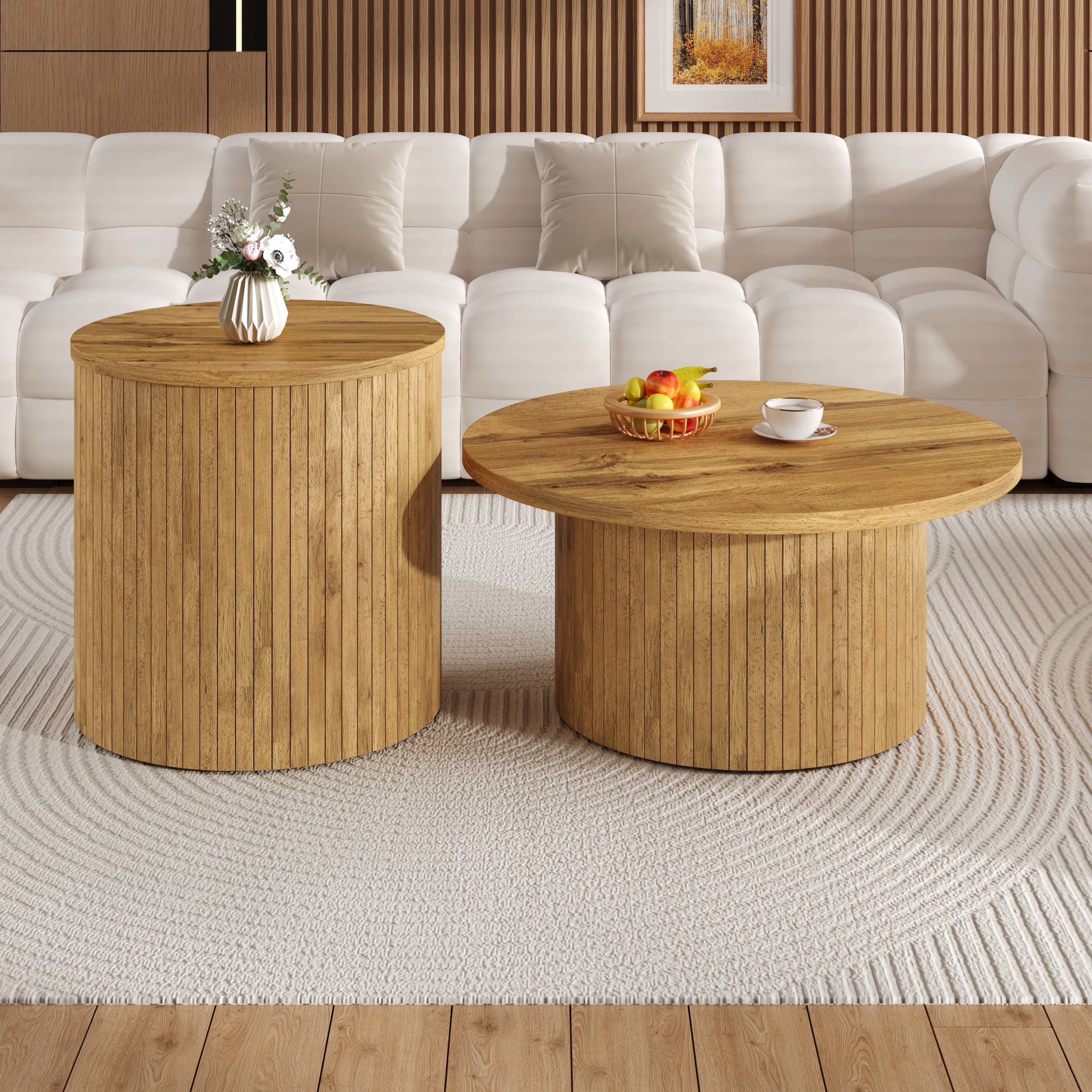 Zestaw 2 okrągłych stolików kawowych, stolików pomocniczych - śr. 75 x wys. 36 cm + śr. 50 x wys. 50,5 cm - MDF - Naturalny