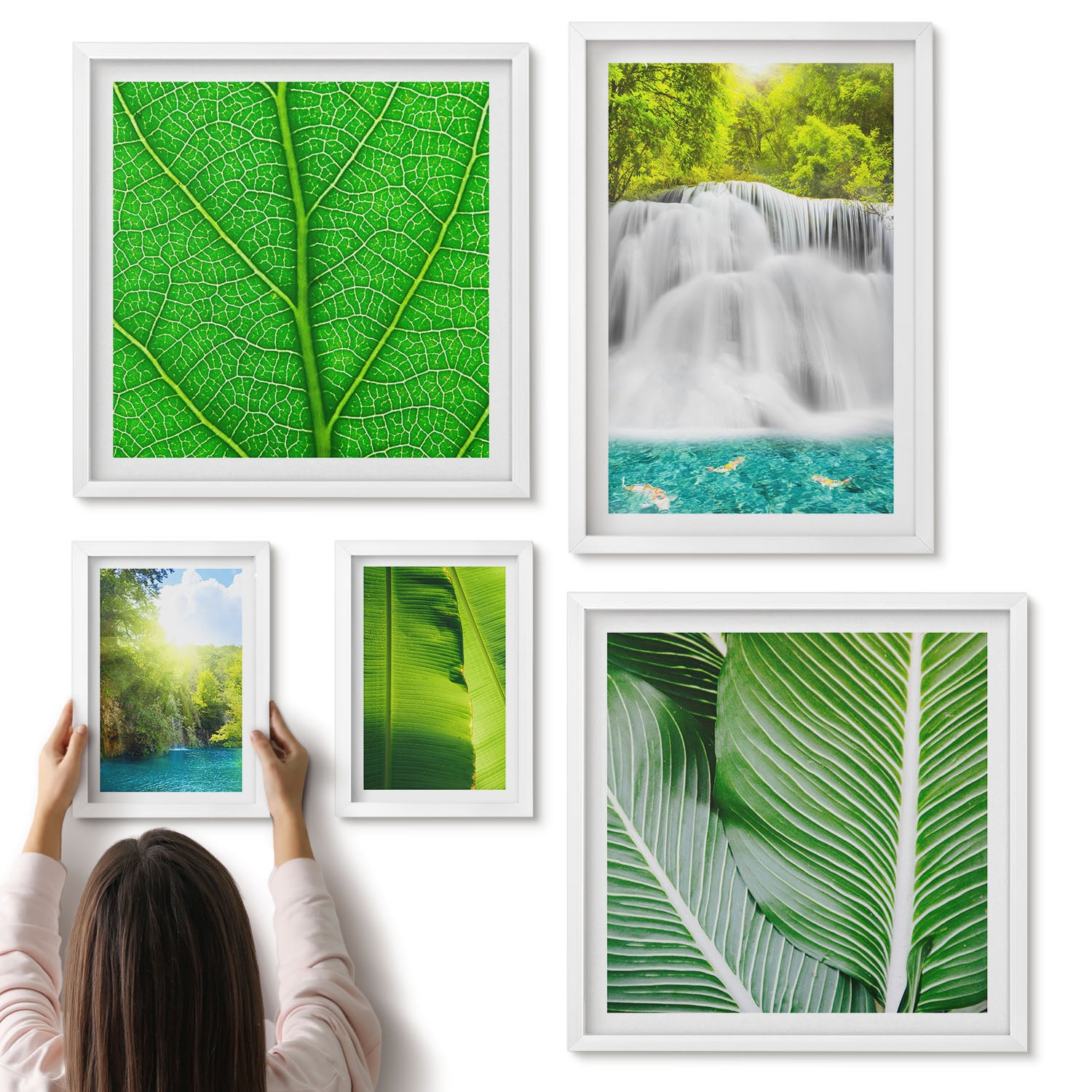 Galeria ścienna 5-częściowy komplet obrazów w białych ramach - Tropikalne krajobrazy wodospadów i liści palmowych - ArtPrintCave