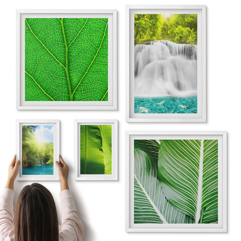 Galeria ścienna 5-częściowy komplet obrazów w białych ramach - Tropikalne krajobrazy wodospadów i liści palmowych - ArtPrintCave
