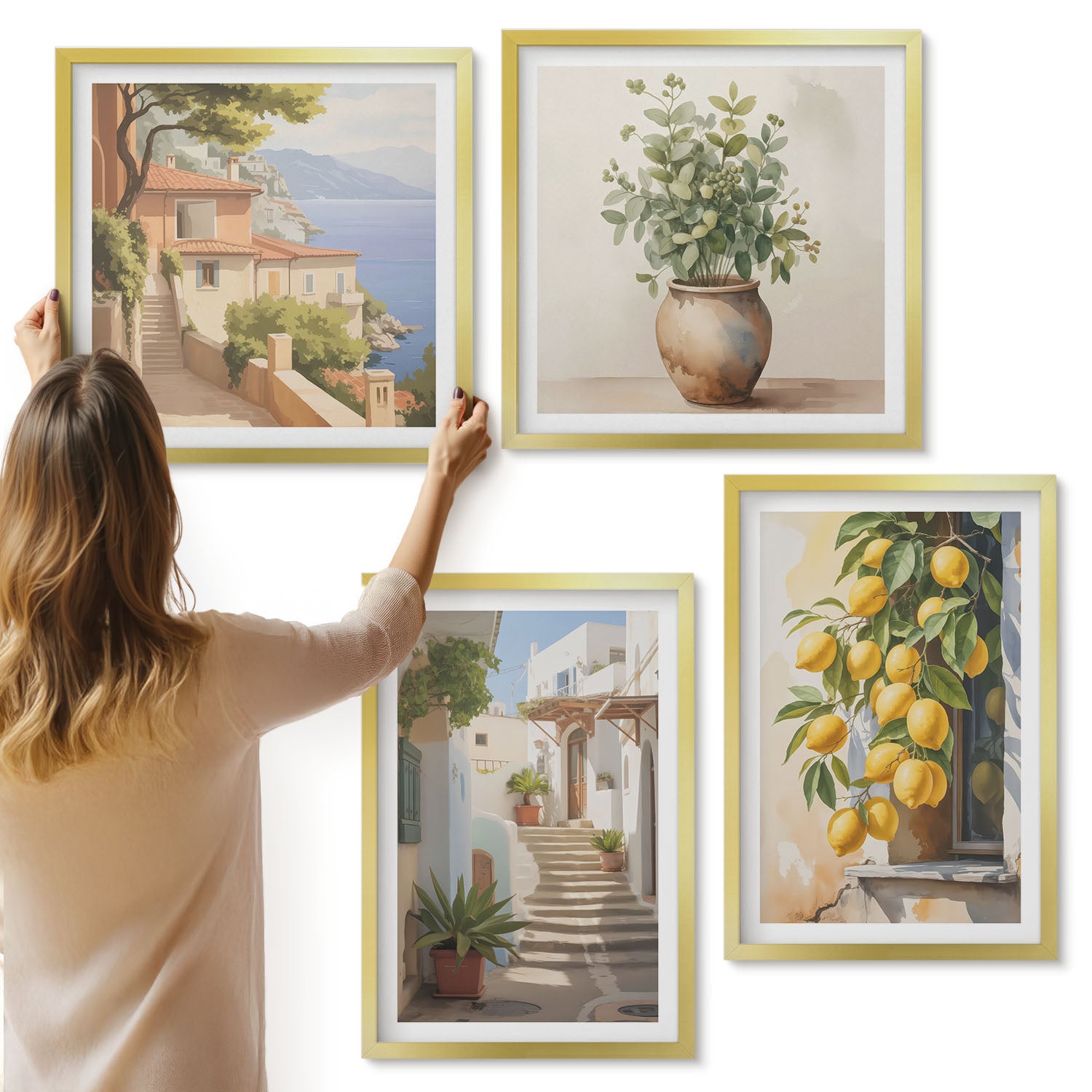 Galeria ścienna 4-częściowy komplet obrazów w złotych ramach - Rośliny w donicach i cytryny na tle uliczki - ArtPrintCave