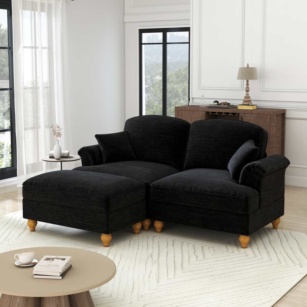 Modułowa sofa Mid-Century L-kształtna 2-osobowa chenille z podłokietnikami lejkowymi, zdejmowaną falbaną, ruchomym pufem, głębokim komfortem