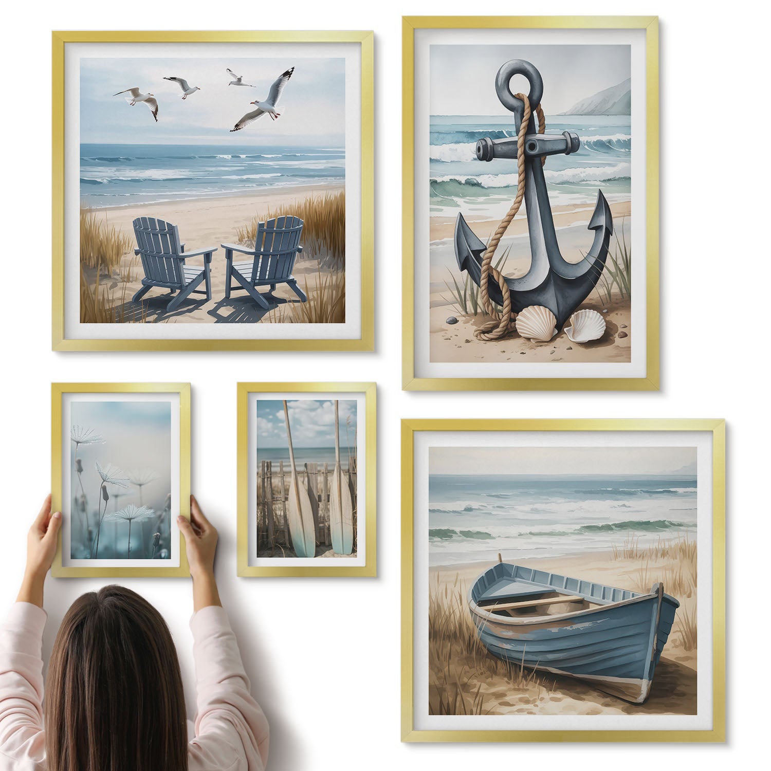 Galeria ścienna 5-częściowy komplet obrazów w złotych ramach - Styl nadmorski inspiracje z morzem i plażą - ArtPrintCave