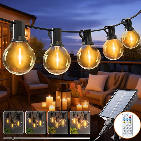 Girlanda Solarna Zewnętrzna 9m - 15 LED + 1 G40 - Wodoodporna - Ciepłe Światło - Sterowanie Zdalne - Regulacja Jasności - Do Patio