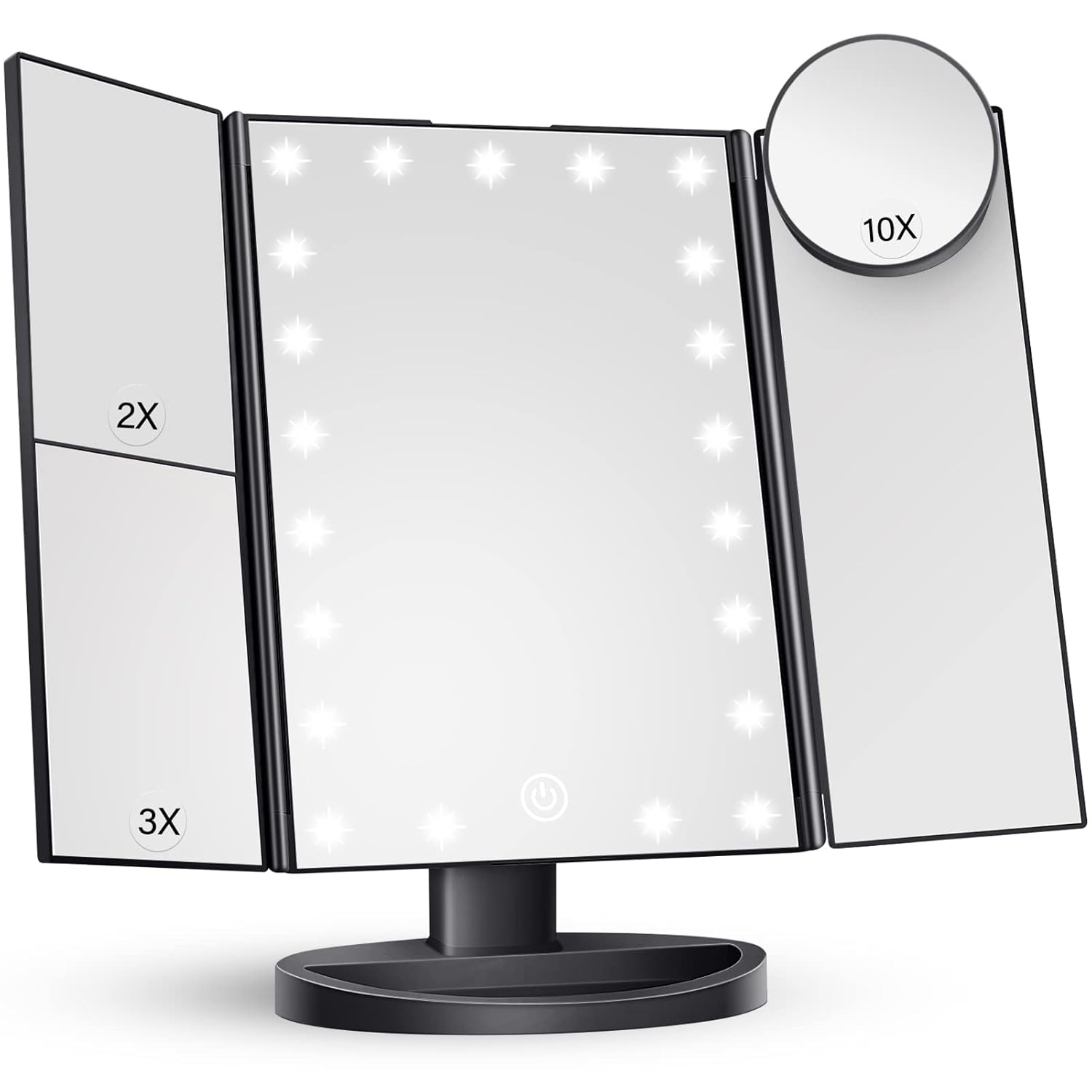 Lustro do makijażu z oświetleniem LED, regulowanym ekranem dotykowym i powiększeniem 1x/2x/3x, składane na trzy części