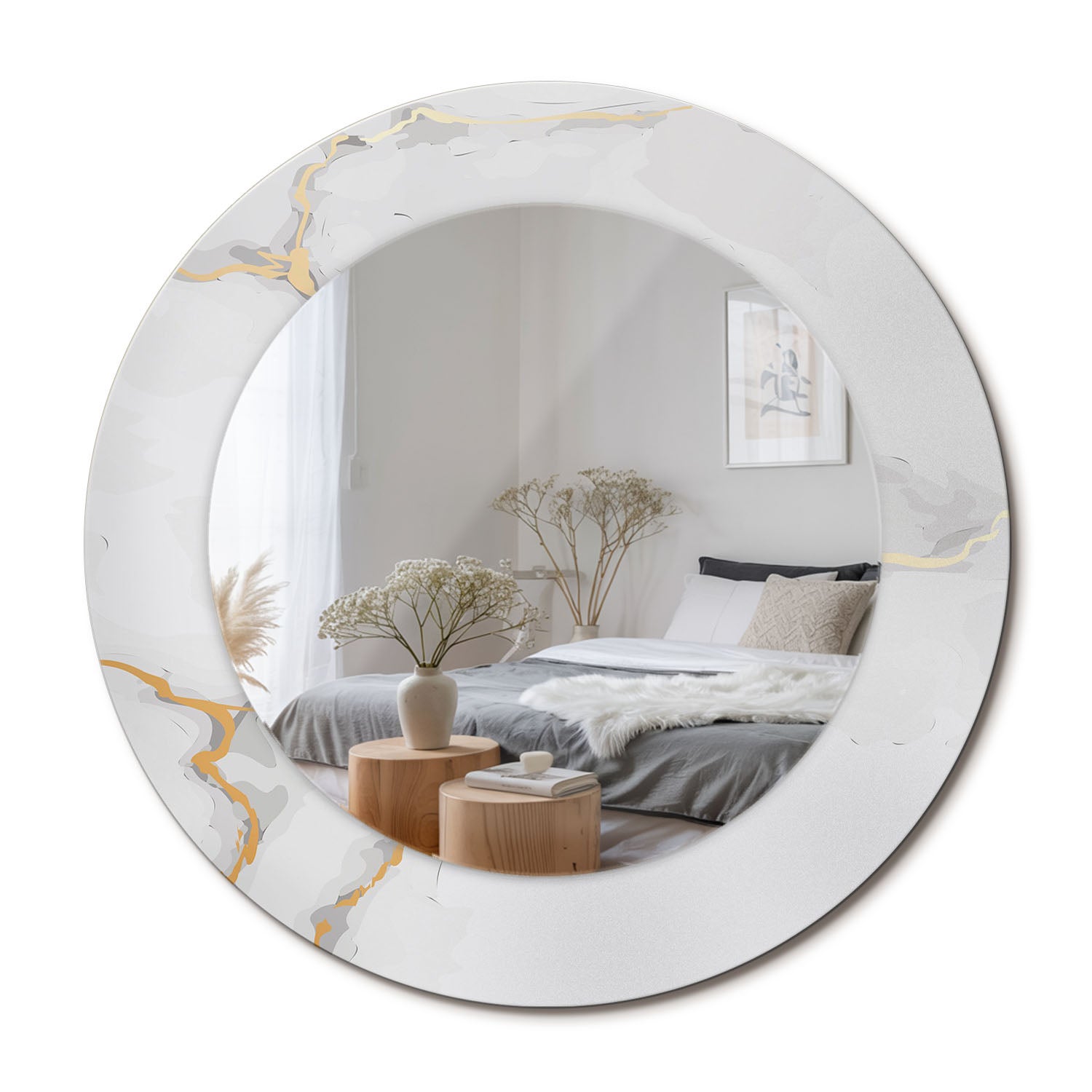 Lustro ścienne dekoracyjne – okrągłe, szklana rama, styl modern Biały marmurek - 50 cm - ArtPrintCave