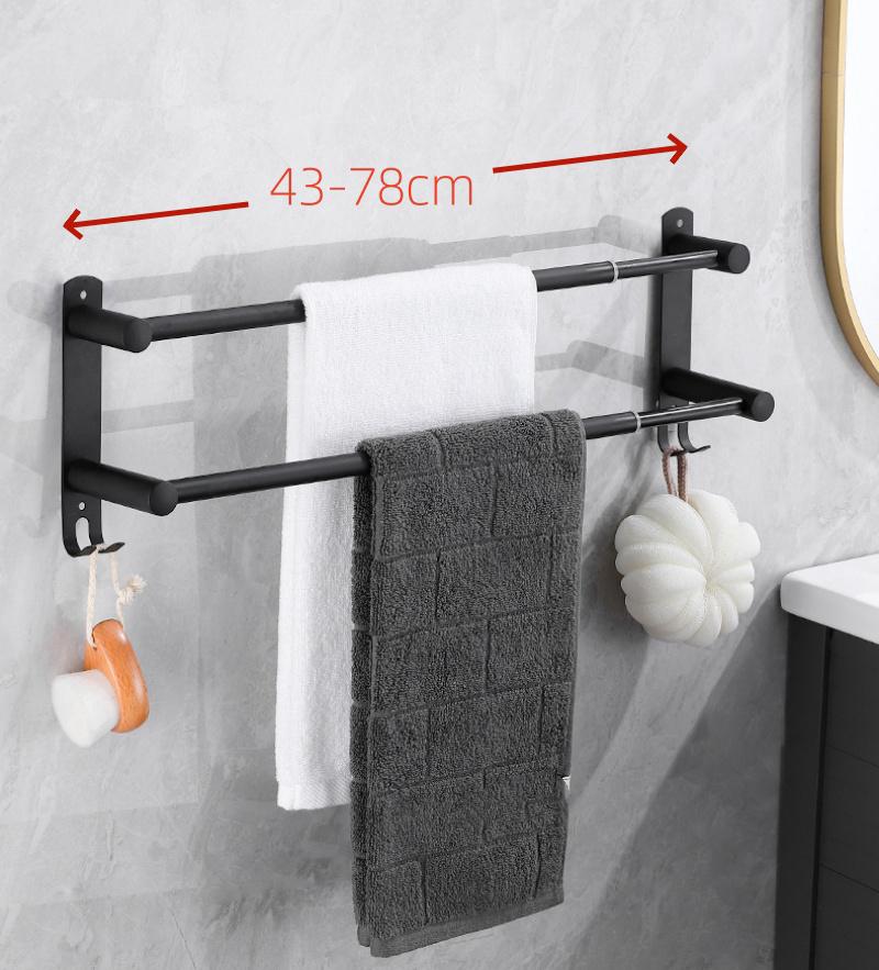 Wielofunkcyjny wieszak na ręczniki ścienny z aluminium - 2 poziomy - z haczykami - Możliwość swobodnego zwijania 43-78 cm - do łazienki, toalety