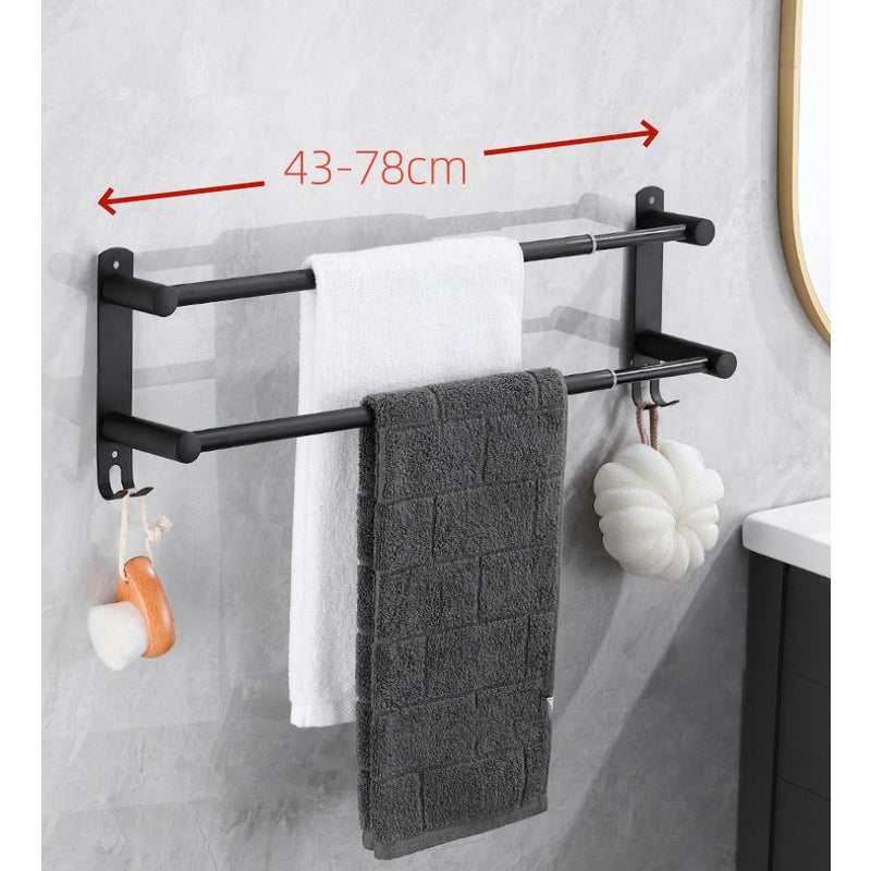 Wielofunkcyjny wieszak na ręczniki ścienny z aluminium - 2 poziomy - z haczykami - Możliwość swobodnego zwijania 43-78 cm - do łazienki, toalety