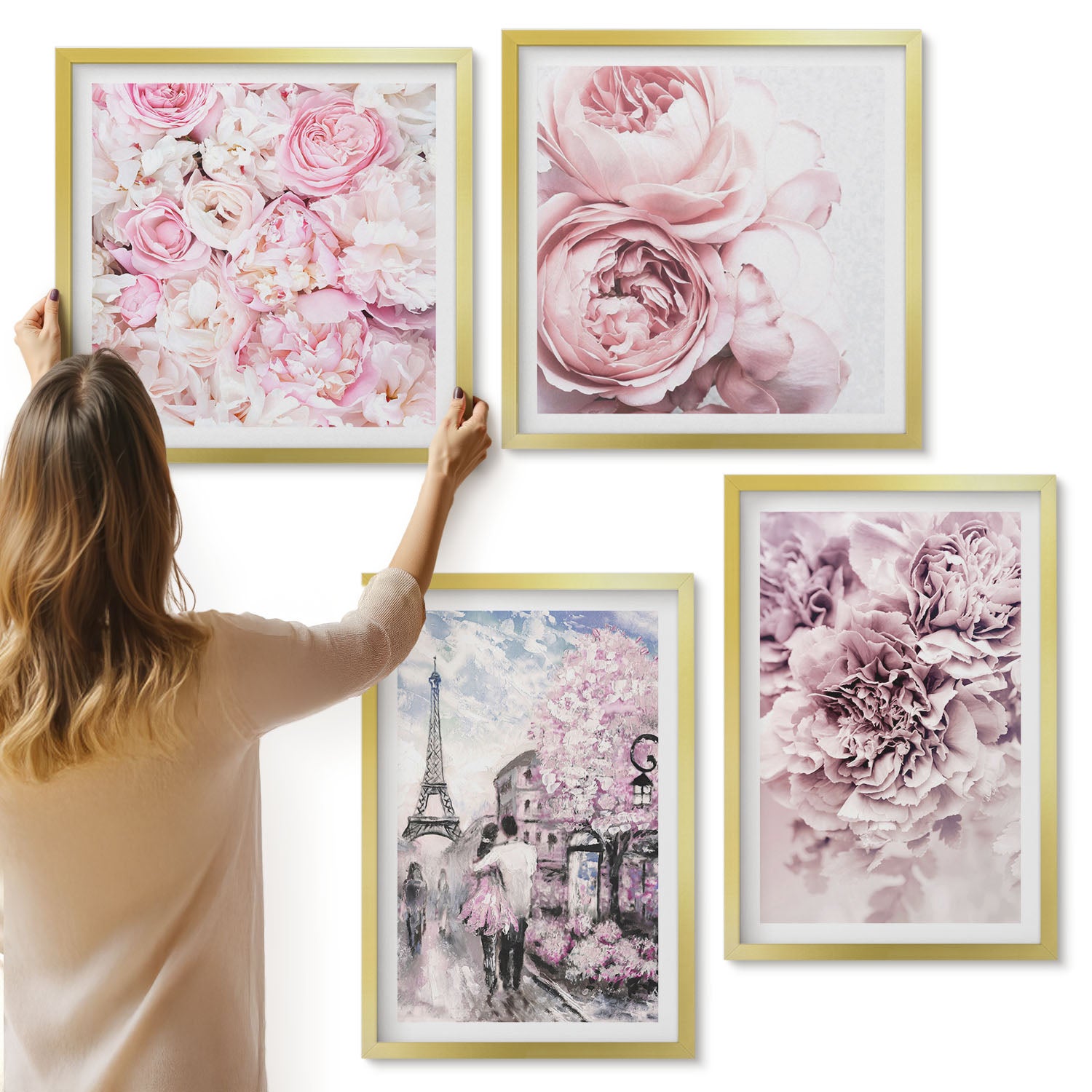 Galeria ścienna 4-częściowy komplet obrazów w złotych ramach - Kwiaty w odcieniach różu romantyczny krajobraz - ArtPrintCave