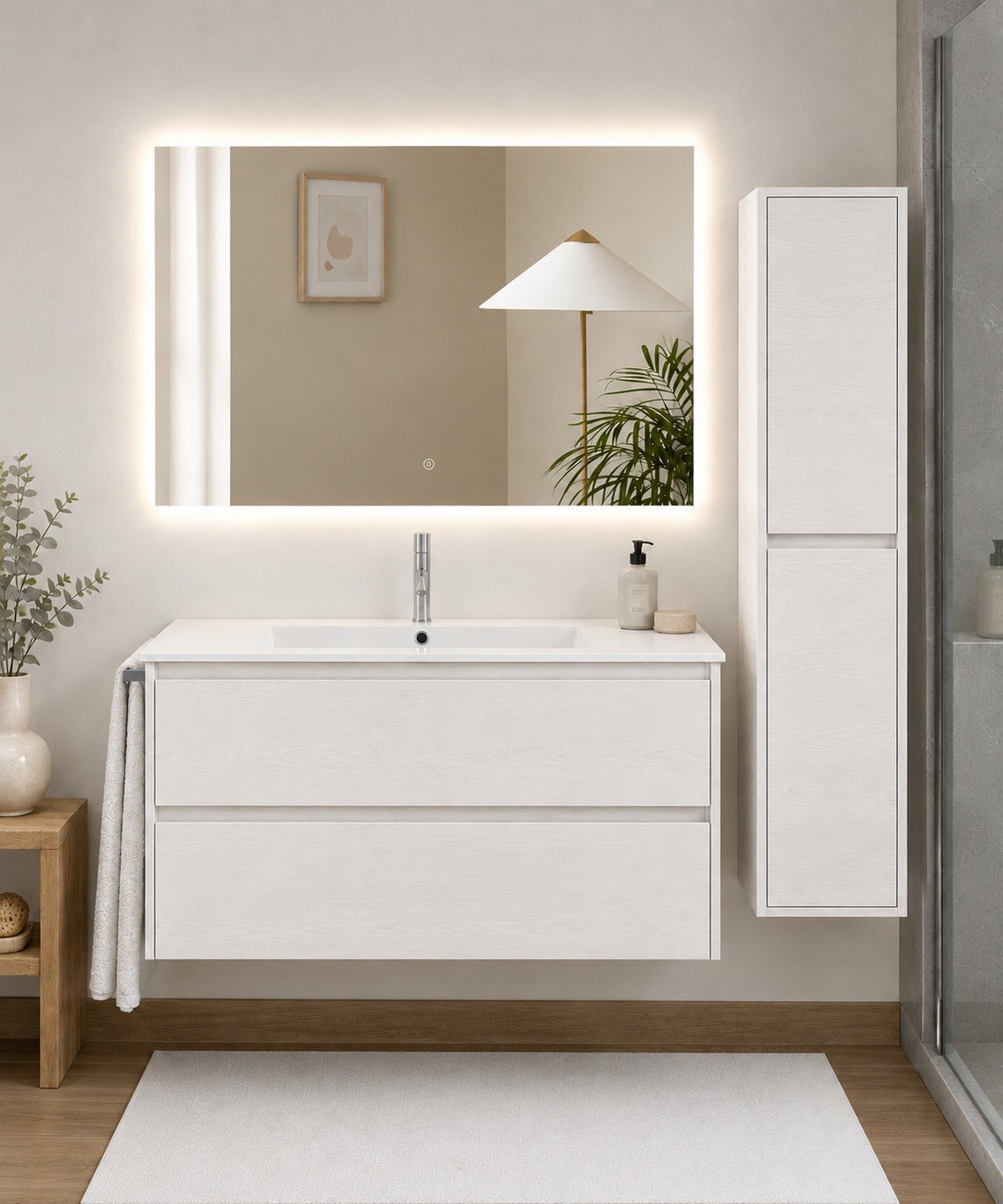 Szafka łazienkowa z umywalką ORIGENBATH IBIZA bez lustra 100x45 cm biały nordycki z kolumną