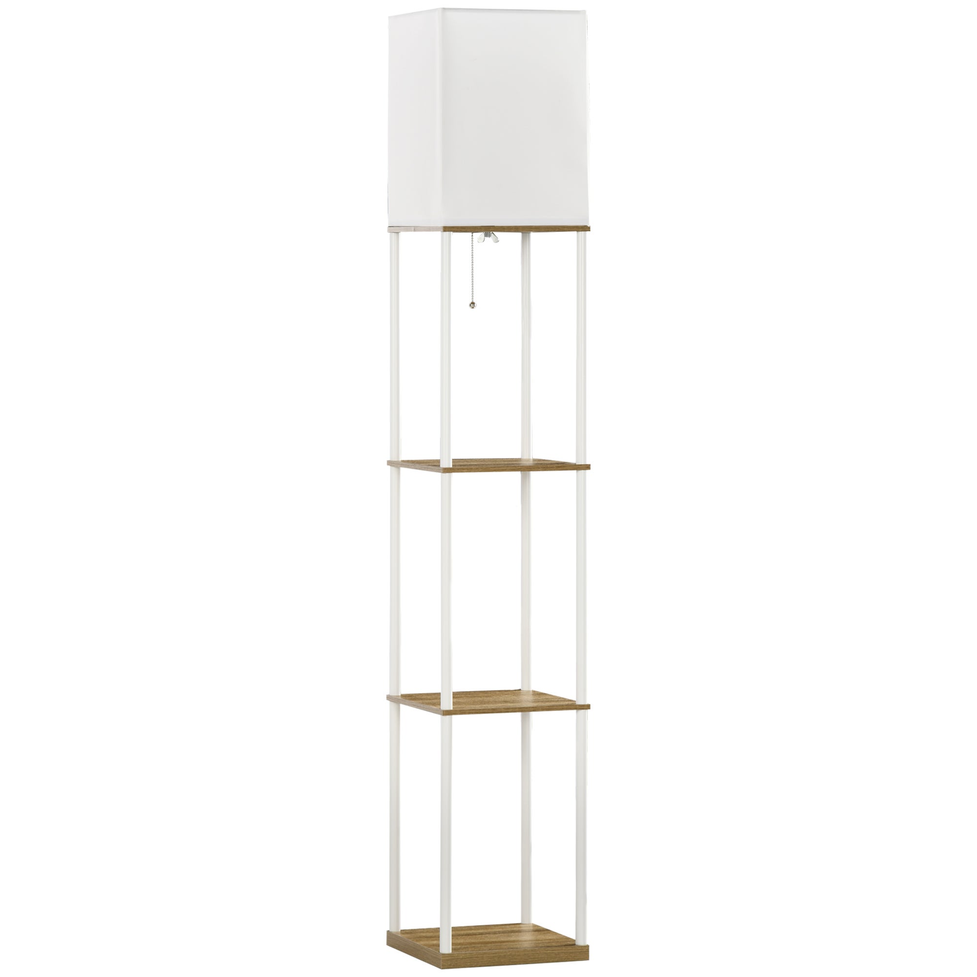 Lampa stojąca, oświetlenie pośrednie, z półkami, metalowa rama, abażur z tkaniny, 26 x 26 x 159 cm, biało-brązowa