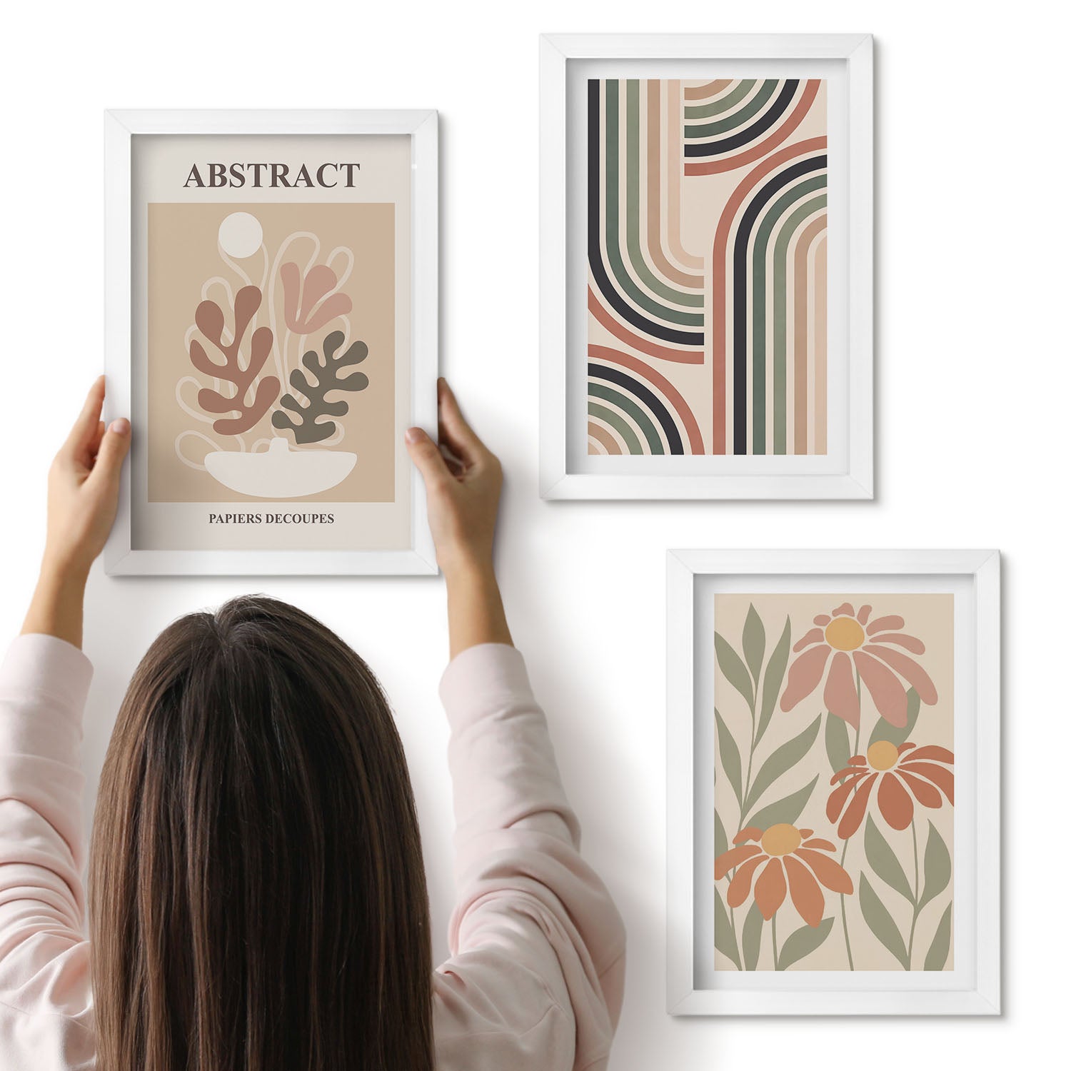 Galeria ścienna 3-częściowy komplet obrazów w białych ramach - Abstrakcyjne rośliny i wzory w pastelowych kolorach - ArtPrintCave