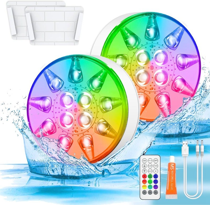 Zestaw 2 lamp do basenu, ładowalnych, zanurzalnych, LED z pilotem, wodoodpornych klasy IP68, do jacuzzi, prysznica, fontanny, akwarium, kąpieli, impre